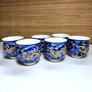 Chinese Golden Dragon Porcelain Teacups Set of 6 Double Wall Jingzhen